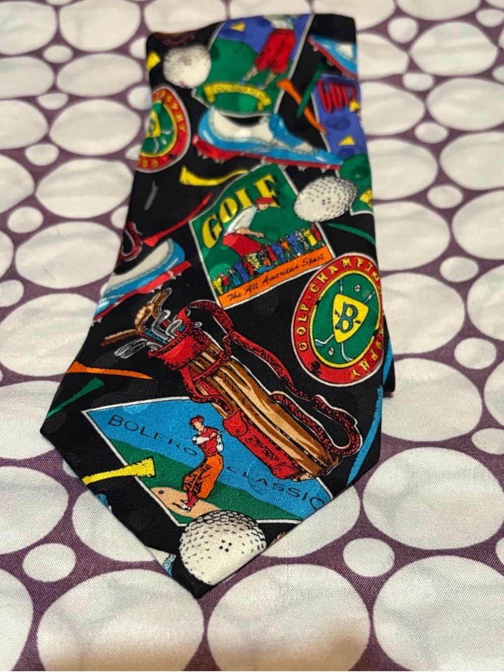 Addiction Black Golf Novelty Tie with Green, Red, Blue and Yellow Accents